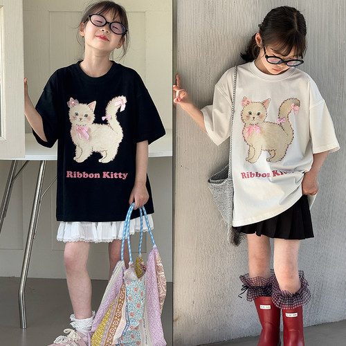 大E小e女童蝴蝶结猫咪短袖T恤