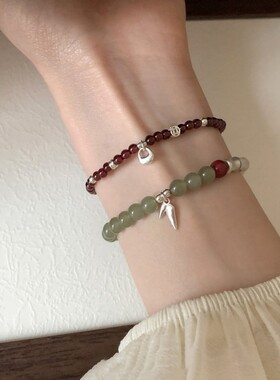 和田玉串珠银坨坨纯银同款手链女国风复古小众气质百搭高级感手串