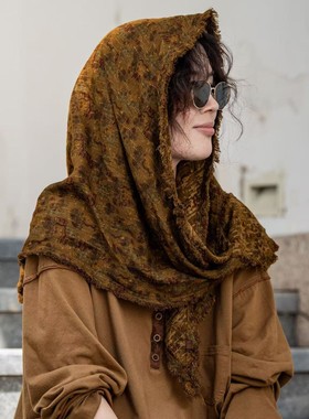 疯子张25春款棉麻复古印花毛边松弛感披肩三角巾#08444