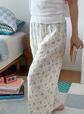 必推韩国纱布棉碎花睡裤蕾丝底边家居服薄款宽松可外穿女学生遛弯