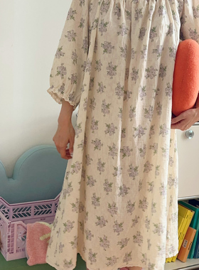慵懒风纱布棉韩国进口秋冬长秋睡裙女宽松圆领印花睡衣长裙家居服