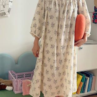慵懒风纱布棉韩国进口秋冬长秋睡裙女宽松圆领印花睡衣长裙家居服