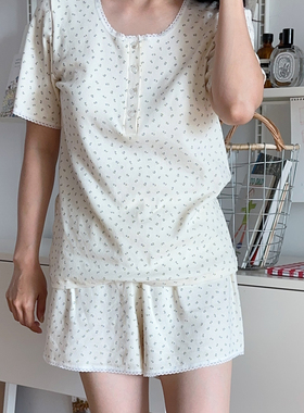 韩国进口睡衣套装夏季女薄款短袖短裤纯棉韩版家居服碎花可外穿