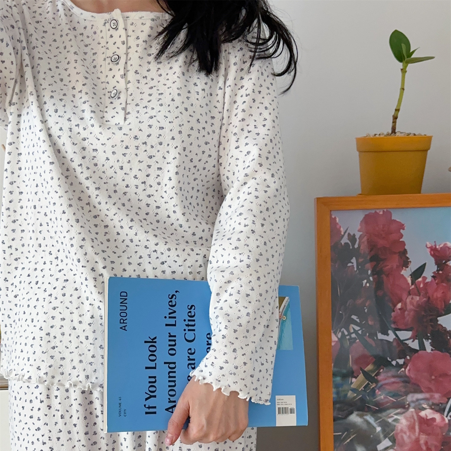 老粉BI入韩国进口纯棉螺纹睡衣套装女秋季宽松长袖长裤家居服