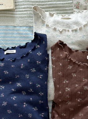 韩国自制圆领碎花长袖棉t女家居服春可外穿波浪边打底衫上衣内搭