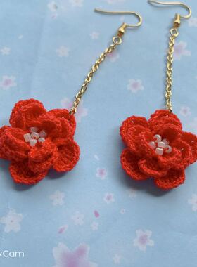 蕾丝山茶花钩针手工制作成品耳环