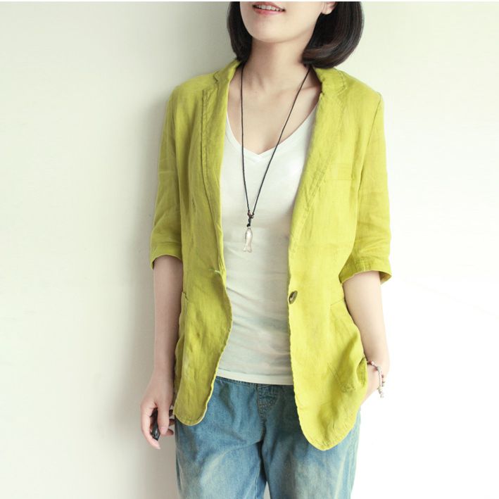 2017春款中长款纯色中袖亚麻棉麻修身休闲西