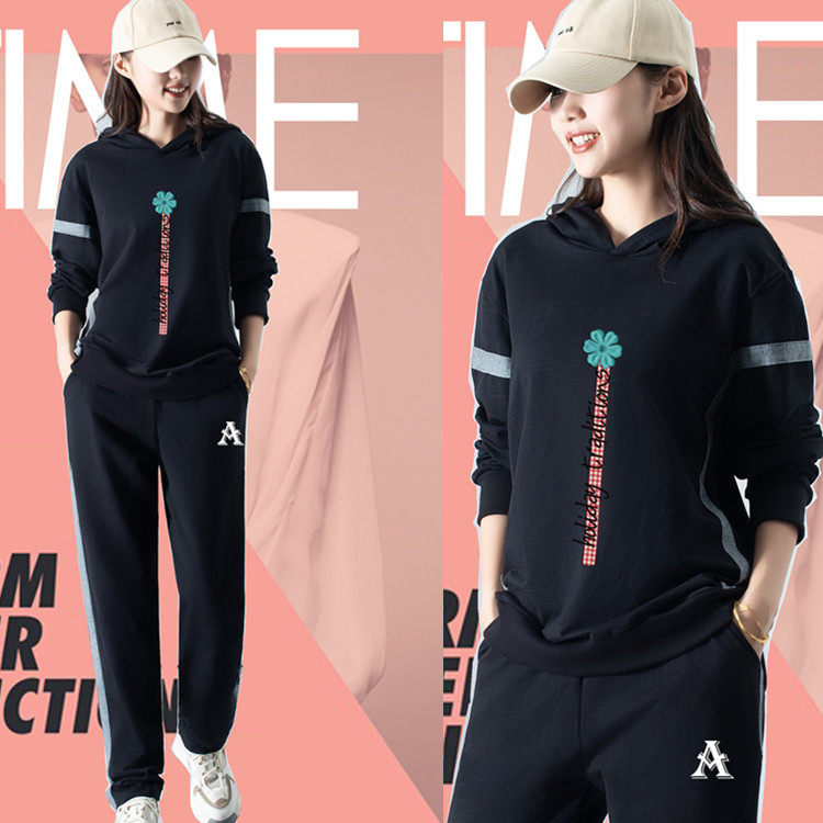 春秋新款女大码带帽卫衣套装两件套休闲宽松日韩舒适黑色显瘦女装