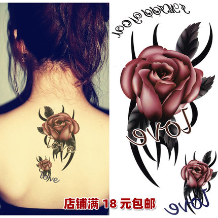 后脖子纹身贴女防水持久红色暗系玫瑰花朵创意花臂后背遮疤仿真