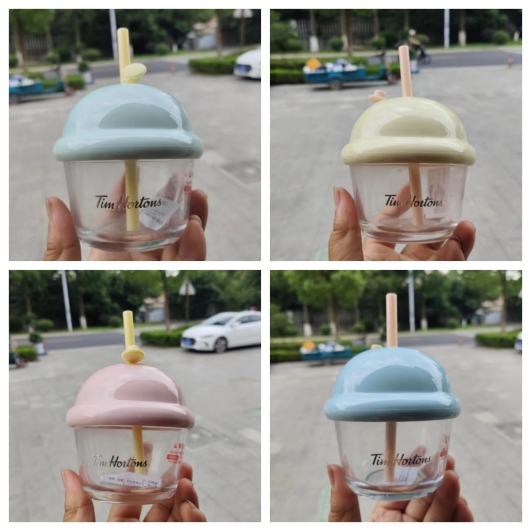 Tims咖啡杯Tim Hortons迷你墩墩杯玻璃吸管冷水杯办公桌面喝水杯