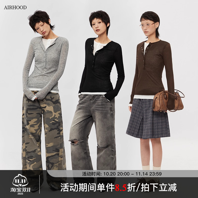 AIRHOOD 美式春秋2025亨利v领假两件上衣女修身内搭打底衫长袖T恤