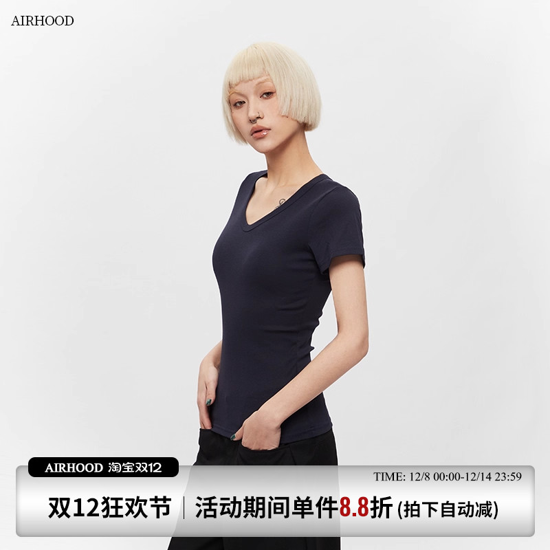 AIRHOOD 收腰V领紧身短袖T恤女夏季新款修身辣妹正肩显瘦百搭上衣