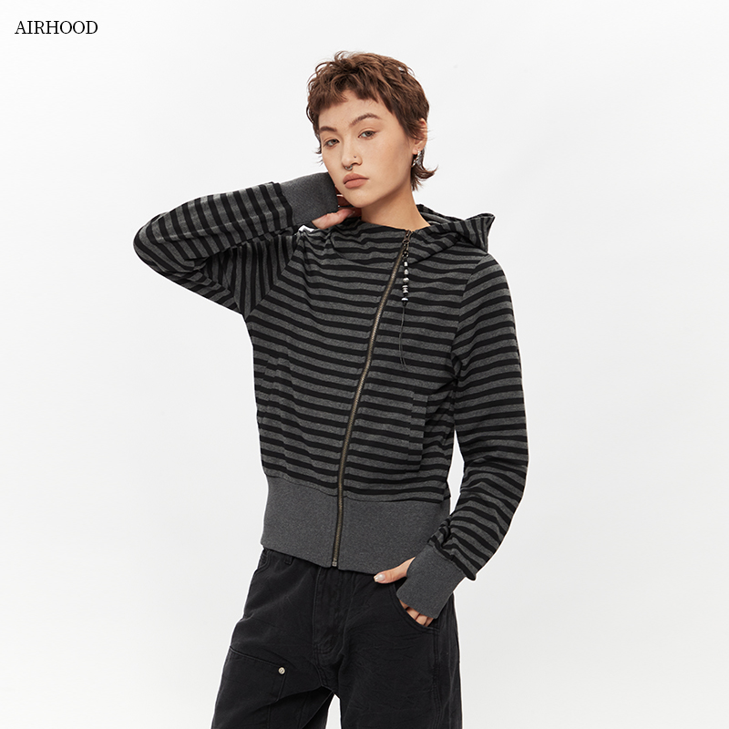 AIRHOOD 秋季条纹拉链开衫短款长袖连帽卫衣女修身不规则拼接外套