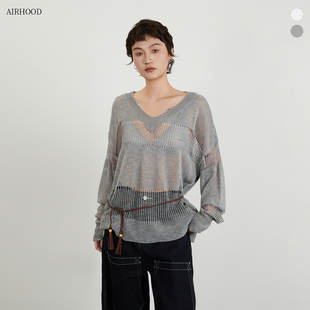 AIRHOOD欧美慵懒V领镂空长袖 女设计感腰带薄款 辣妹罩衫 上衣 针织衫