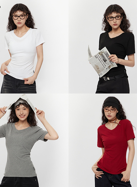 AIRHOOD 基础款白色v领短袖T恤女2025夏修身显瘦百搭正肩短款上衣