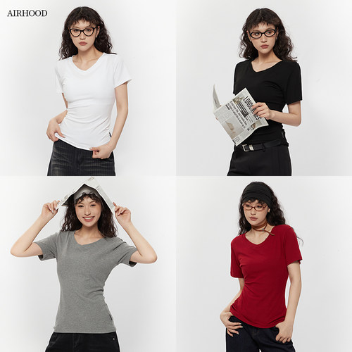 AIRHOOD 基础款白色v领短袖T恤女2025夏修身显瘦百搭正肩短款上衣