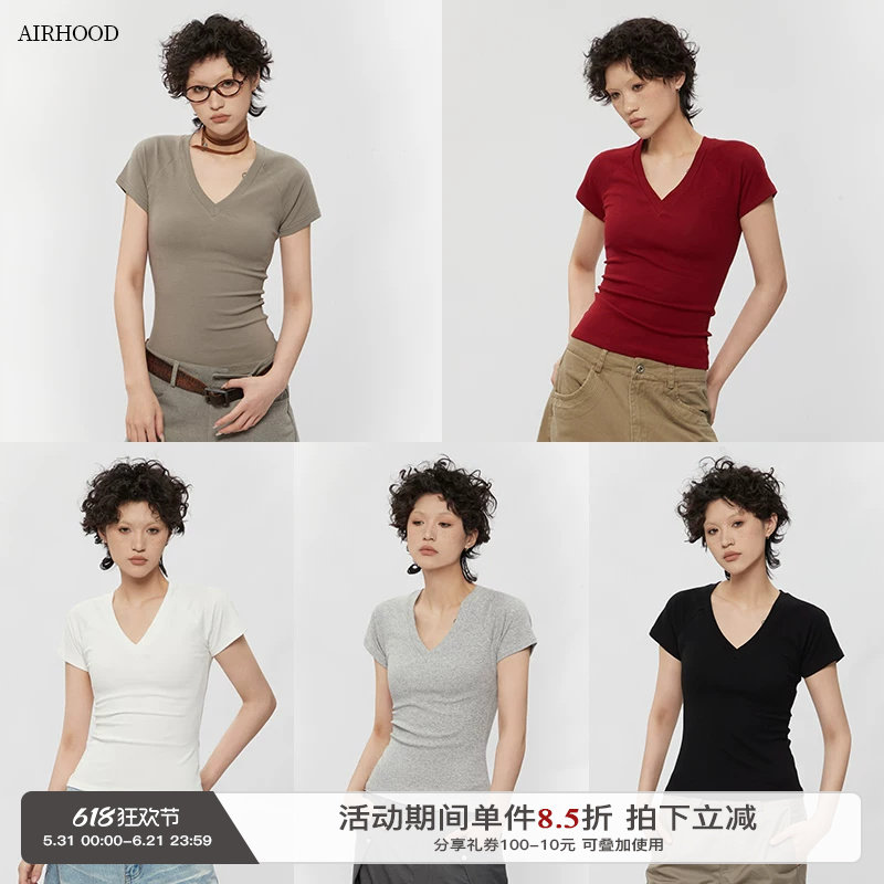 AIRHOOD  2025红色夏季纯欲简约修身显瘦低V领正肩短袖T恤上衣女