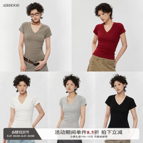 AIRHOOD  2025红色夏季纯欲简约修身显瘦低V领正肩短袖T恤上衣女