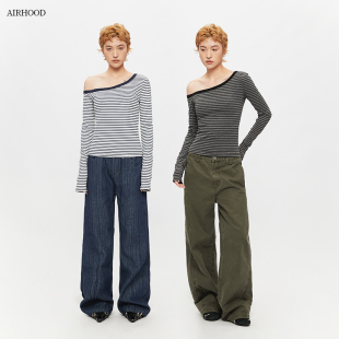 显瘦露肩短款 AIRHOOD 辣妹上衣ins 修身 T恤女秋季 美式 斜领条纹长袖