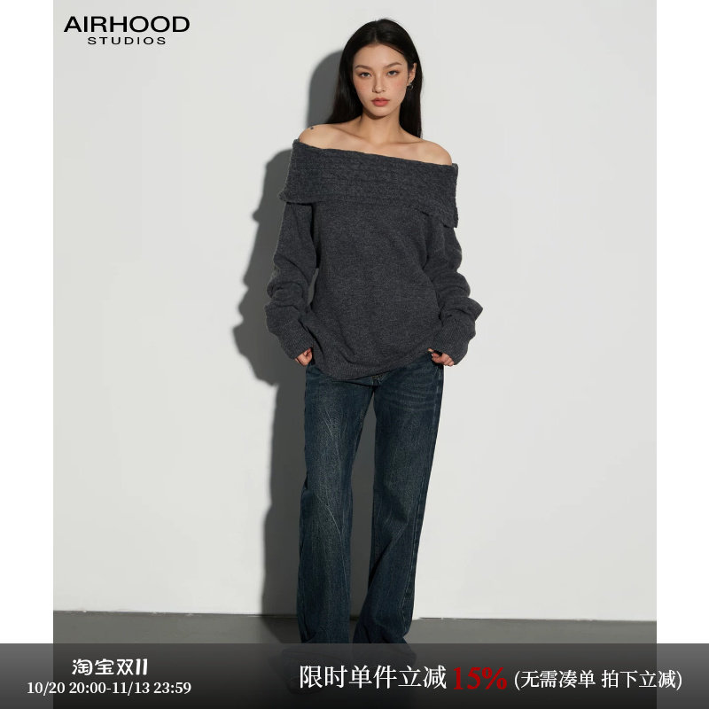 AIRHOOD 慵懒风一字肩针织衫毛衣女宽松露肩气质长袖灰色上衣秋冬