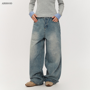 垂感百搭情侣长裤 AIRHOOD 男女宽松直筒阔腿裤 复古水洗牛仔裤 美式