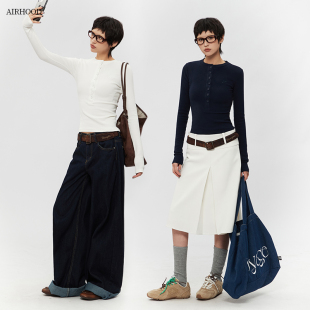 2025春秋季 修身 内搭长袖 女正肩亨利领纽扣短款 上衣 打底衫 AIRHOOD