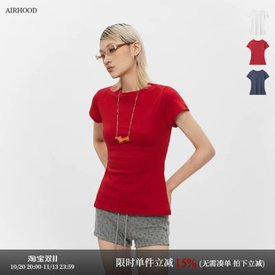 AIRHOOD 夏季多巴胺ins显白红色上衣女短袖显身材修身正肩t恤纯棉