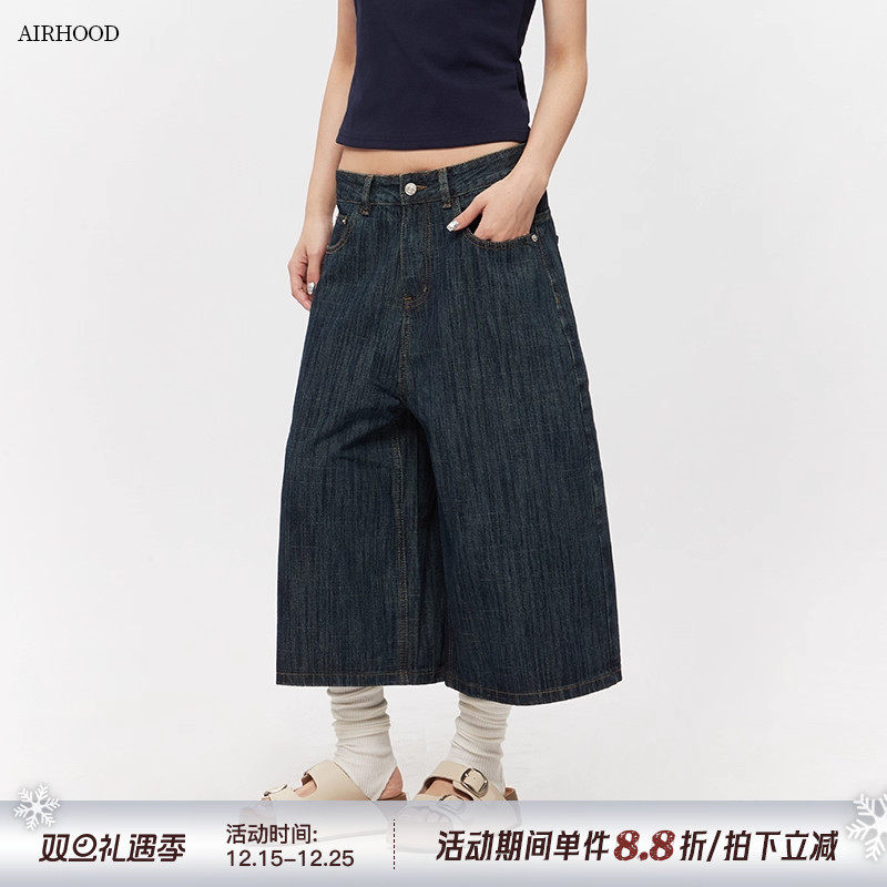 AIRHOOD 2025夏季新款七分牛仔裤男女美式复古宽松小个子阔腿短裤