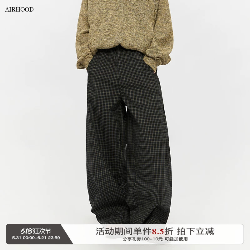 AIRHOOD 美式复古格子加绒加厚弯刀情侣休闲裤秋冬季直筒阔腿裤子