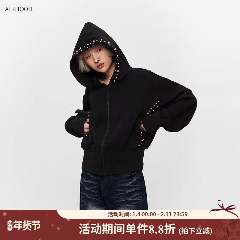 AIRHOOD 2025秋季美式连帽卫衣女珍珠设计小个子短款收腰开衫外套,女装/女士精品,卫衣/绒衫,淘宝优惠券,粉丝福利购,淘宝优惠卷