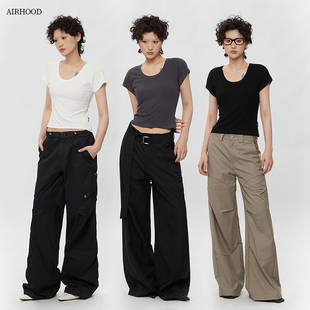 短袖 AIRHOOD 露脐辣妹上衣大U领口修身 基础款 t恤女ins夏 纯色短款