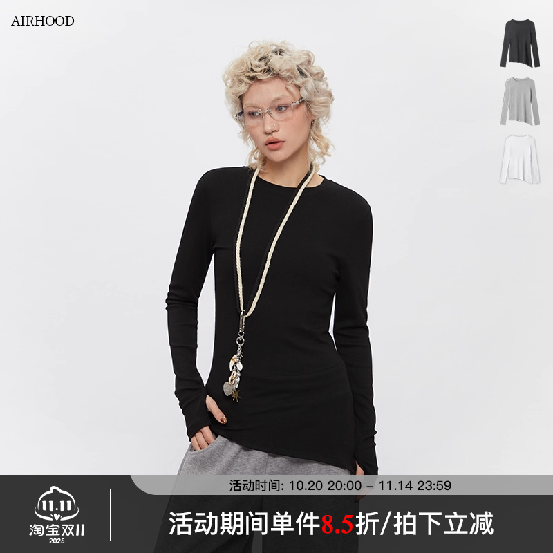 AIRHOOD 2025秋冬季打底衫长袖T恤女圆领修身收腰不规则内搭上衣