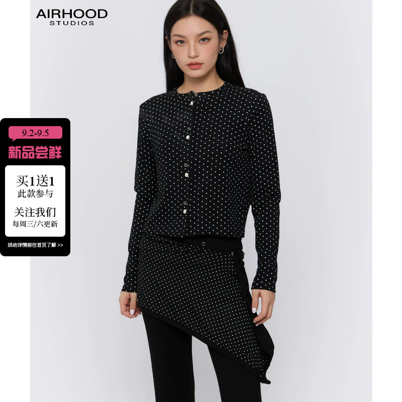 AIRHOOD 韩系黑色波点长袖T恤女春秋季时尚休闲正肩内搭开衫上衣