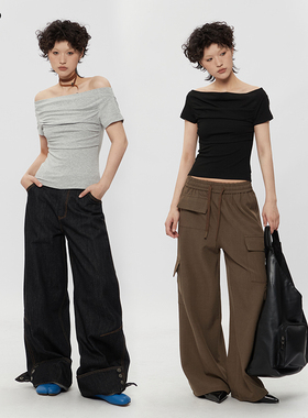 AIRHOOD韩版一字领露肩不规则领口辣妹短袖T恤短款修身气质上衣女