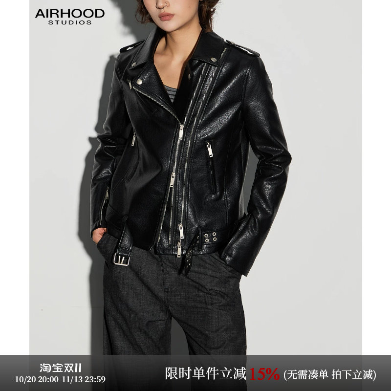 AIRHOOD 复古机车风黑色真皮皮衣女秋季短款修身拉链夹克帅气外套