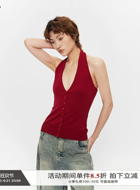 AIRHOOD 复古性感辣妹挂脖吊带背心女外穿露背夏季红色美背上衣