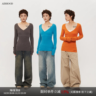 AIRHOOD纯色深V领长袖针织衫女2025秋冬修身显瘦辣妹内搭打底上衣