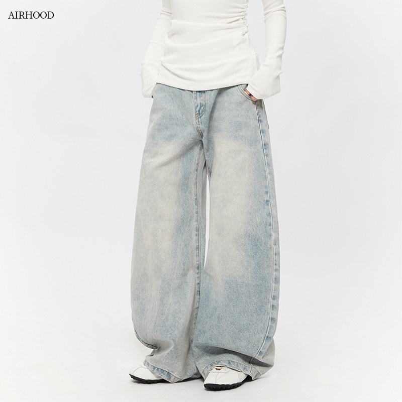 AIRHOOD 2025秋季浅蓝色复古水洗阔腿情侣牛仔裤女宽松直筒长裤男