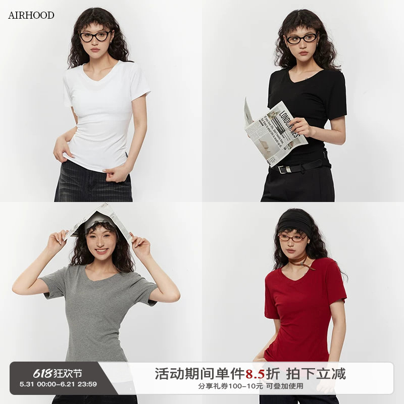 AIRHOOD 基础款白色v领短袖T恤女2025夏修身显瘦百搭正肩短款上衣