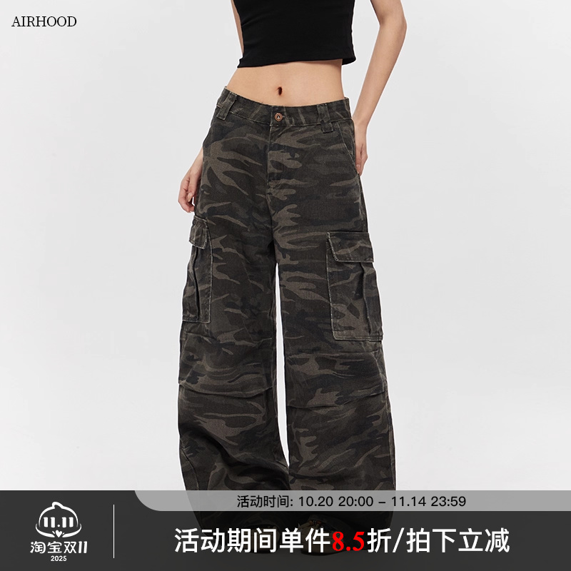 AIRHOOD 夏季美式街头多口袋迷彩工装裤女直筒阔腿宽松休闲长裤子