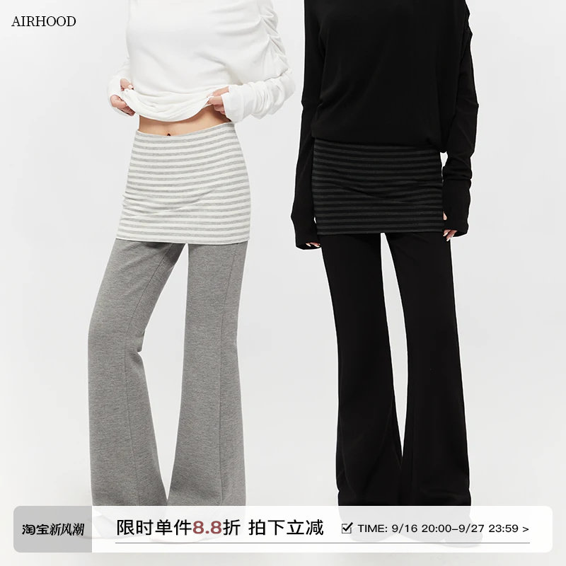 AIRHOOD 秋冬运动瑜伽屁帘休闲裤女修身假两件加绒加厚微喇叭裤子图片