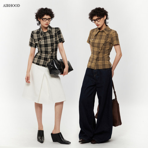 AIRHOOD 新中式正肩收腰复古设计短袖衬衫夏季格子修身短款上衣女