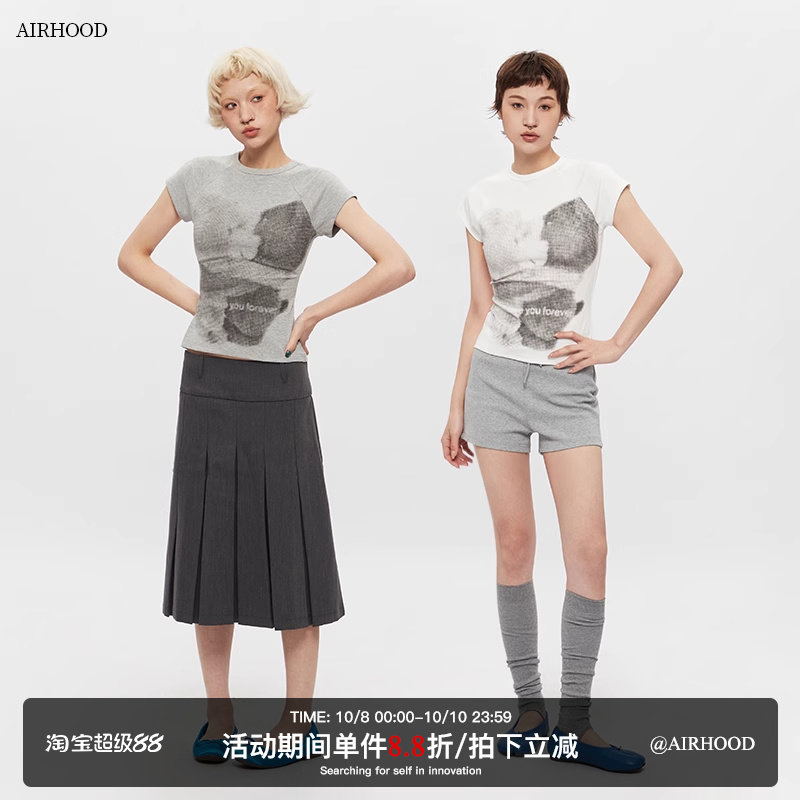 AIRHOOD美式圆领复古正肩短袖T恤女修身印花夏季短款辣妹紧身上衣