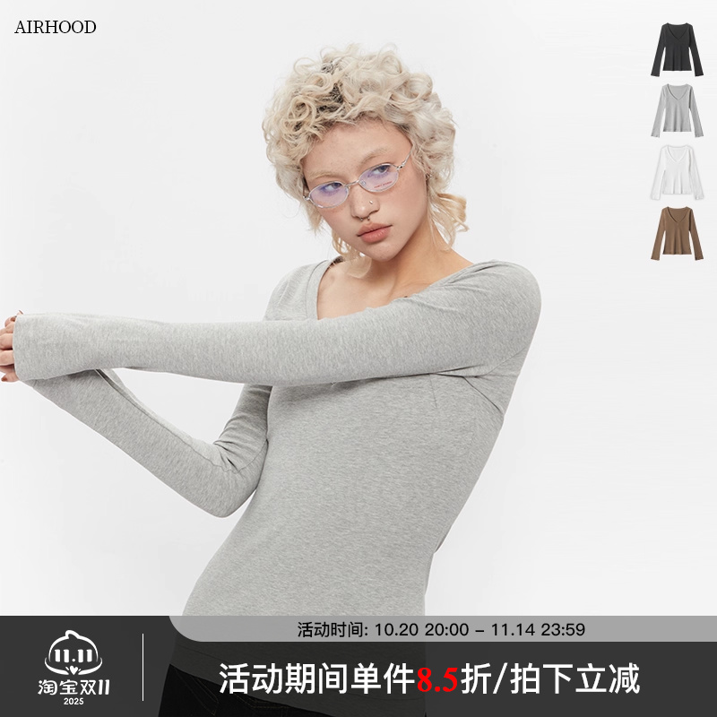 AIRHOOD 2025春秋季新款百搭深v领长袖t恤女韩版修身打底内搭上衣