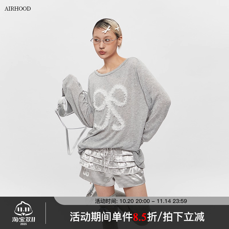 AIRHOOD 2025春夏蝴蝶结设计感宽松长袖T恤女薄款慵懒风罩衫上衣