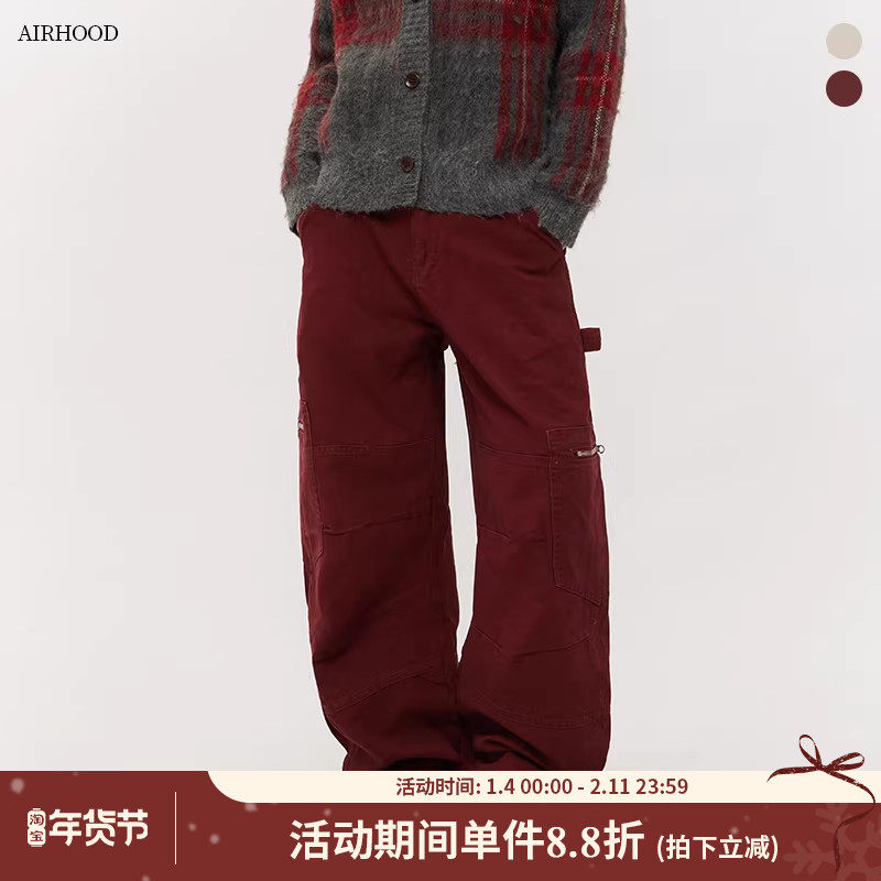 AIRHOOD 复古红色阔腿工装裤女宽松直筒多口袋百搭弯刀休闲长裤秋,女装/女士精品,休闲裤,淘宝优惠券,粉丝福利购,淘宝优惠卷