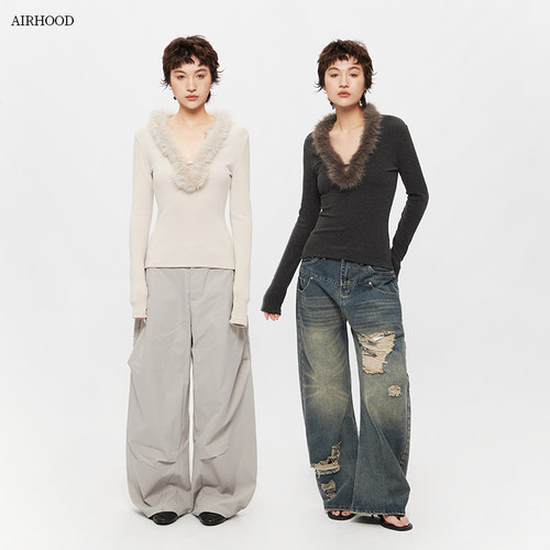 AIRHOOD 2025秋冬高级气质长袖上衣美式毛毛V领修身内搭打底T恤女