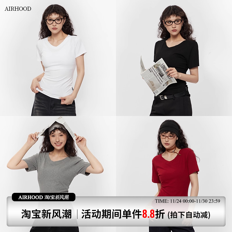 AIRHOOD 基础款白色v领短袖T恤女2025夏修身显瘦百搭正肩短款上衣