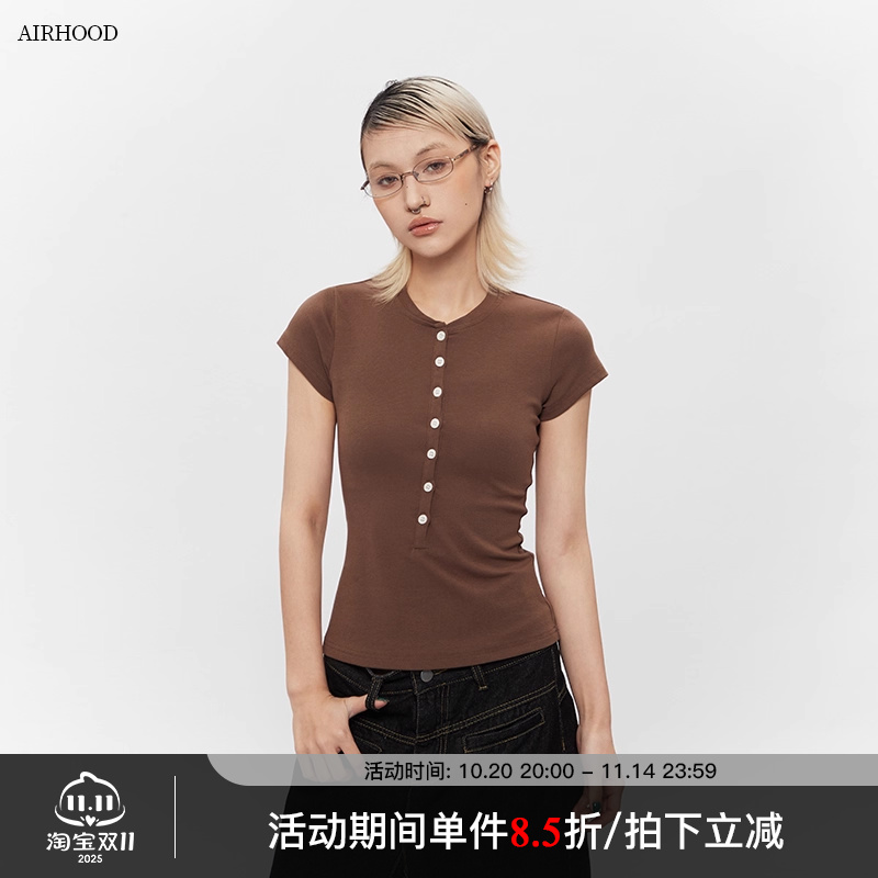 AIRHOOD 2025亨利气质短袖正肩T恤女夏季爆款半开领修身显瘦上衣