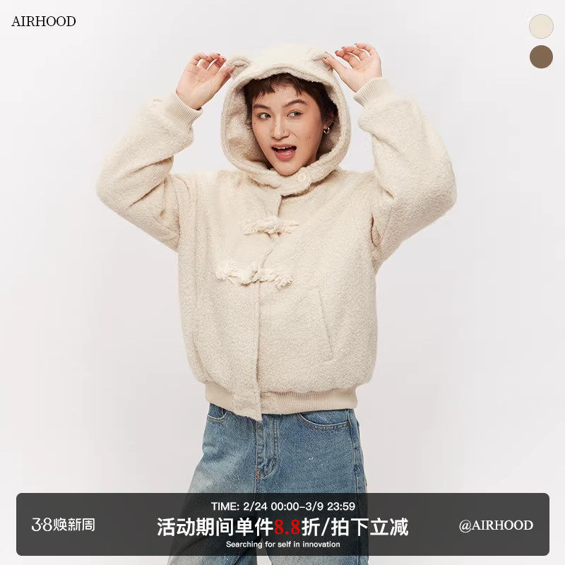 AIRHOOD 2025韩版慵懒连帽羊羔绒棉服女冬季宽松夹棉保暖加厚外套